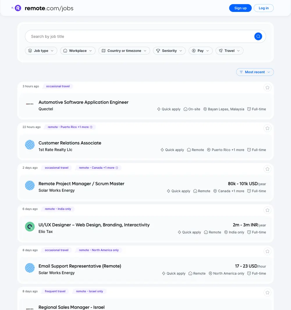 Remote.com job board platform screenshot showing job search interface