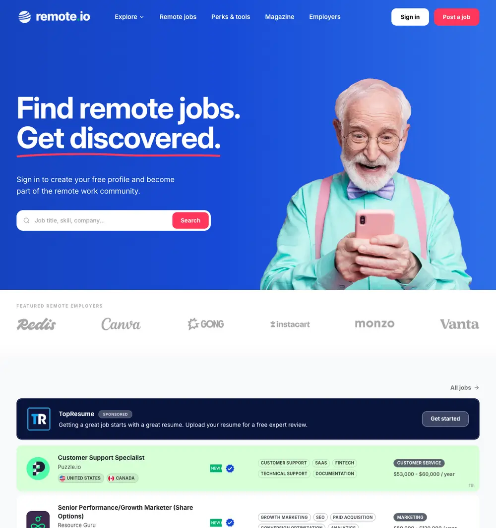 Remote.io job board platform screenshot showing job search interface