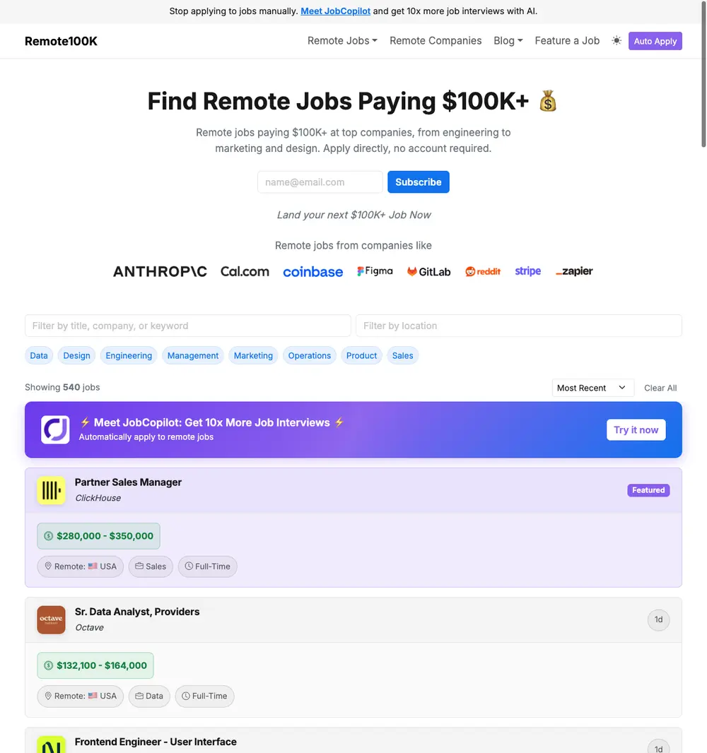 Remote100K job board platform screenshot showing job search interface