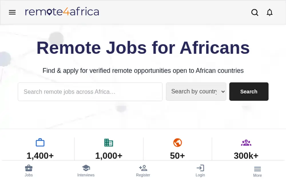 Remote4Africa job board platform screenshot showing job search interface