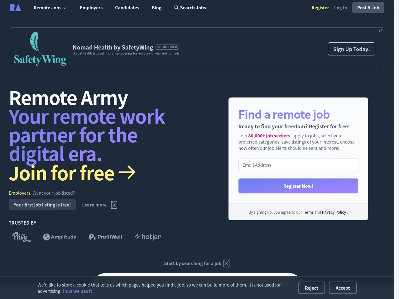 Remote Army job board platform screenshot showing job search interface
