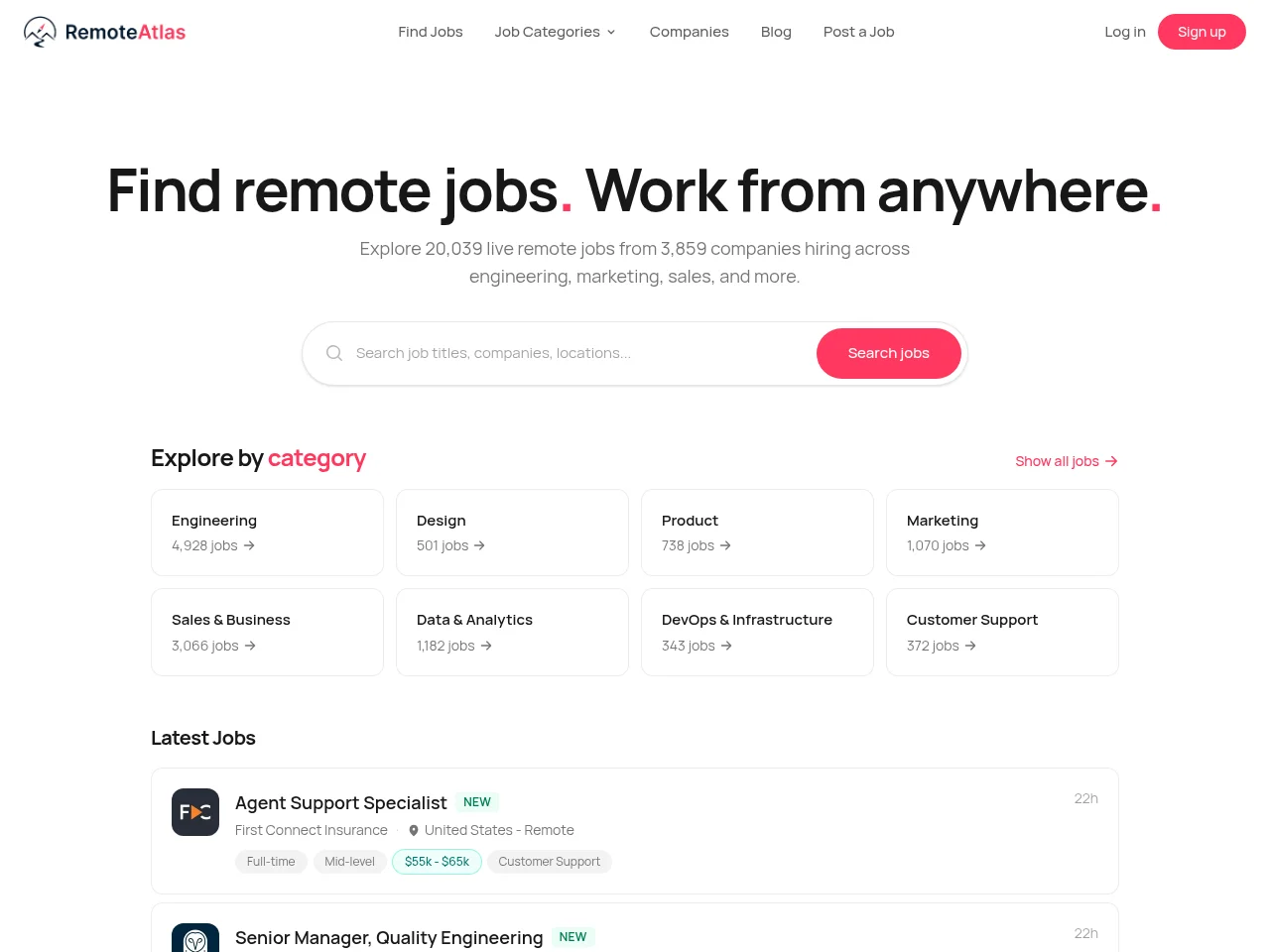 RemoteAtlas job board platform screenshot showing job search interface