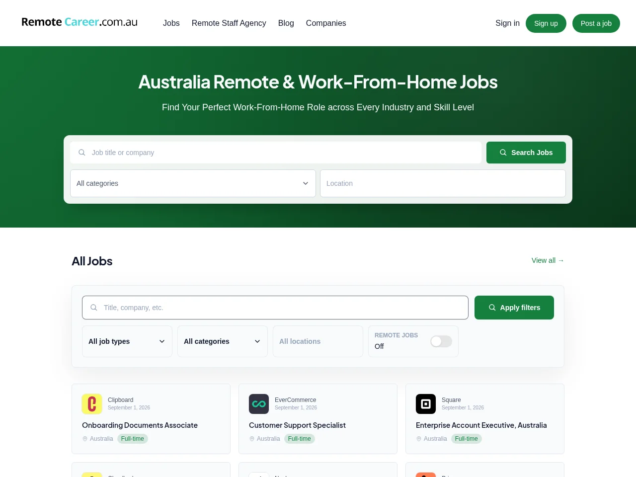 RemoteCareer.com.au screenshot RemoteCareer.com.au job board platform screenshot showing job search interface
