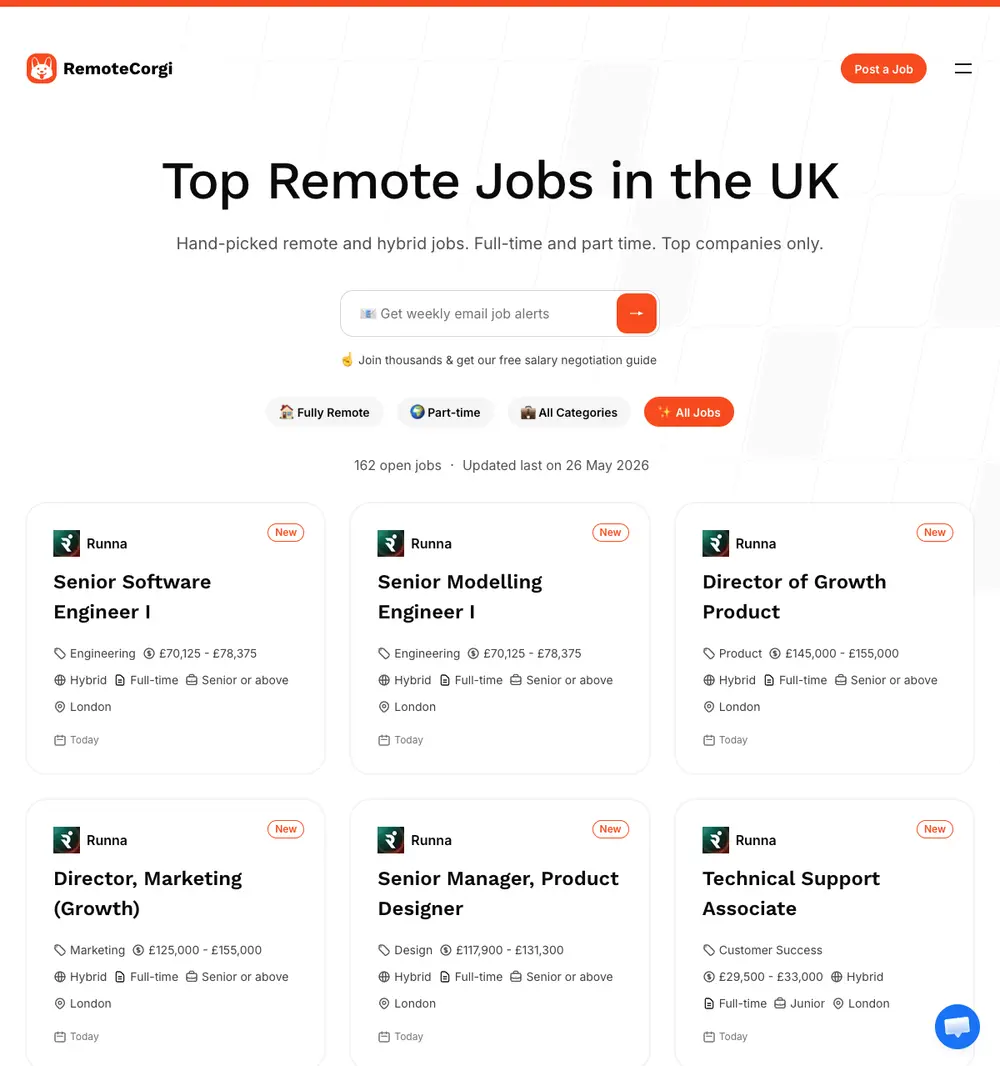 RemoteCorgi job board platform screenshot showing job search interface