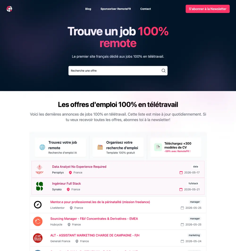 RemoteFR job board platform screenshot showing job search interface