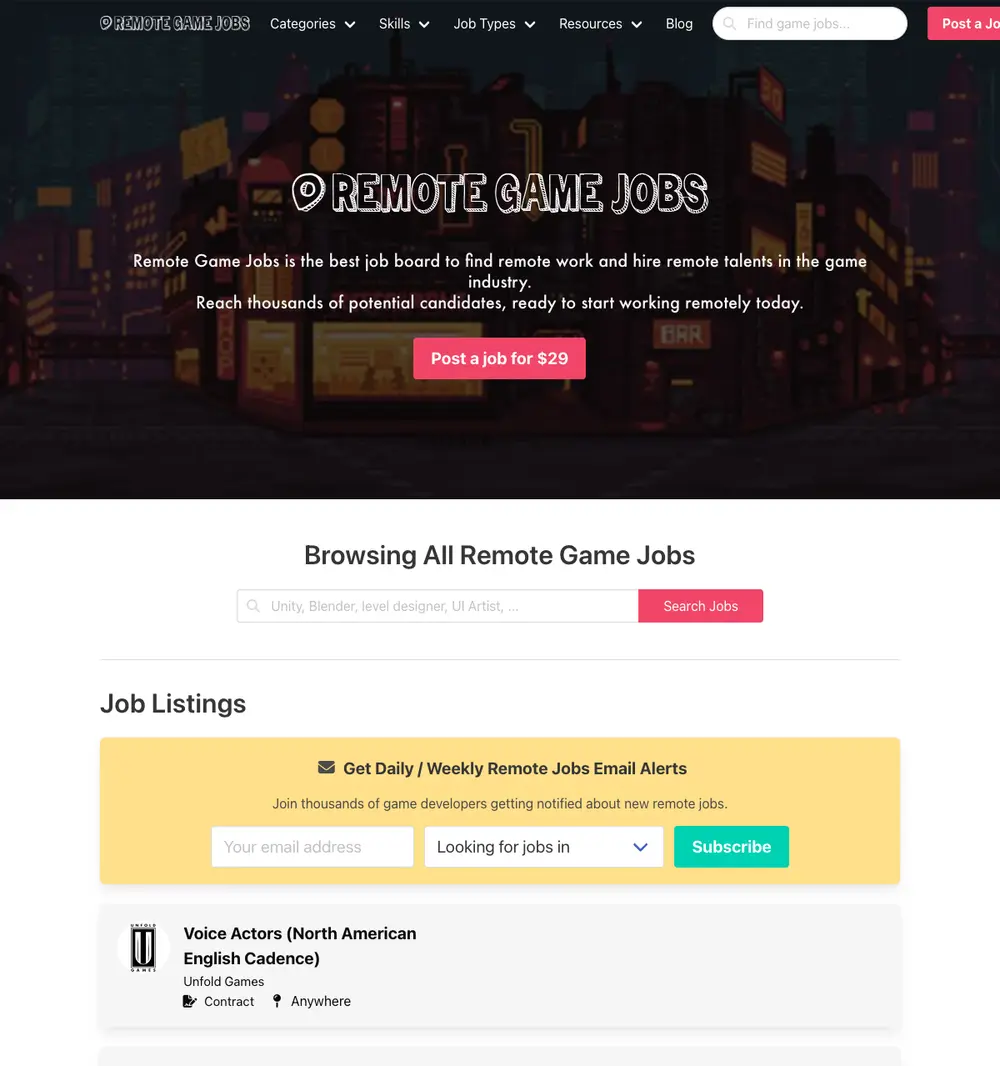 Remote Game Jobs job board platform screenshot showing job search interface