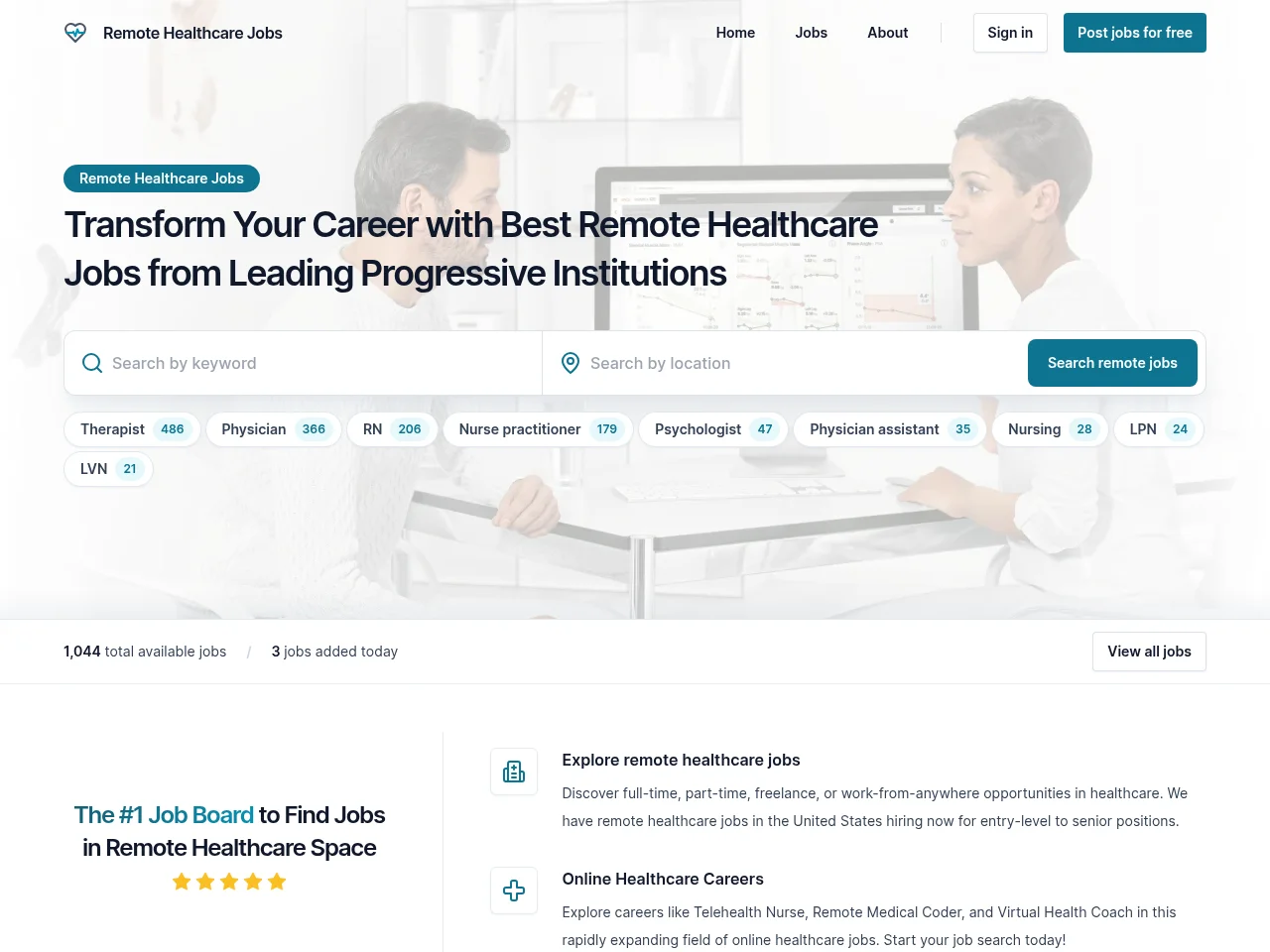 Remote Healthcare Jobs job board platform screenshot showing job search interface
