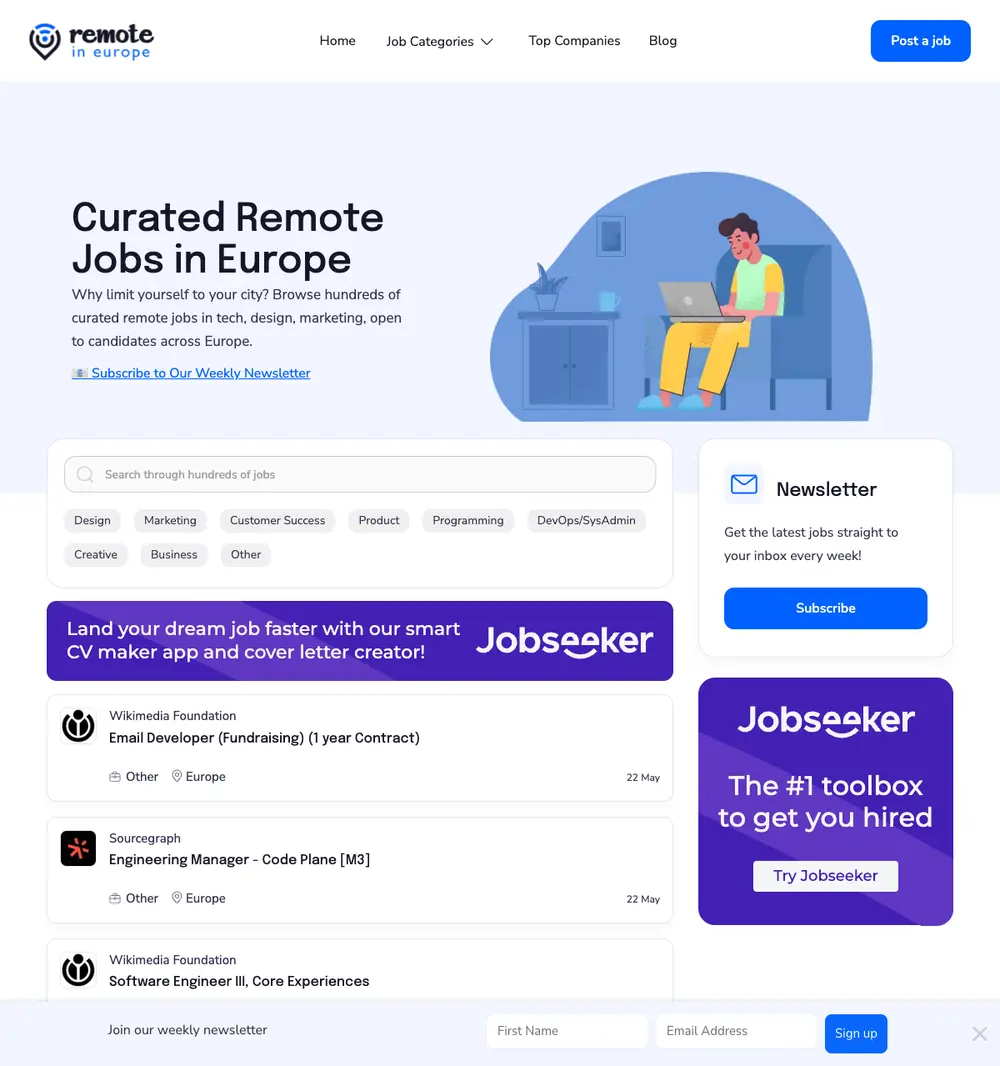 Remote in Europe job board platform screenshot showing job search interface