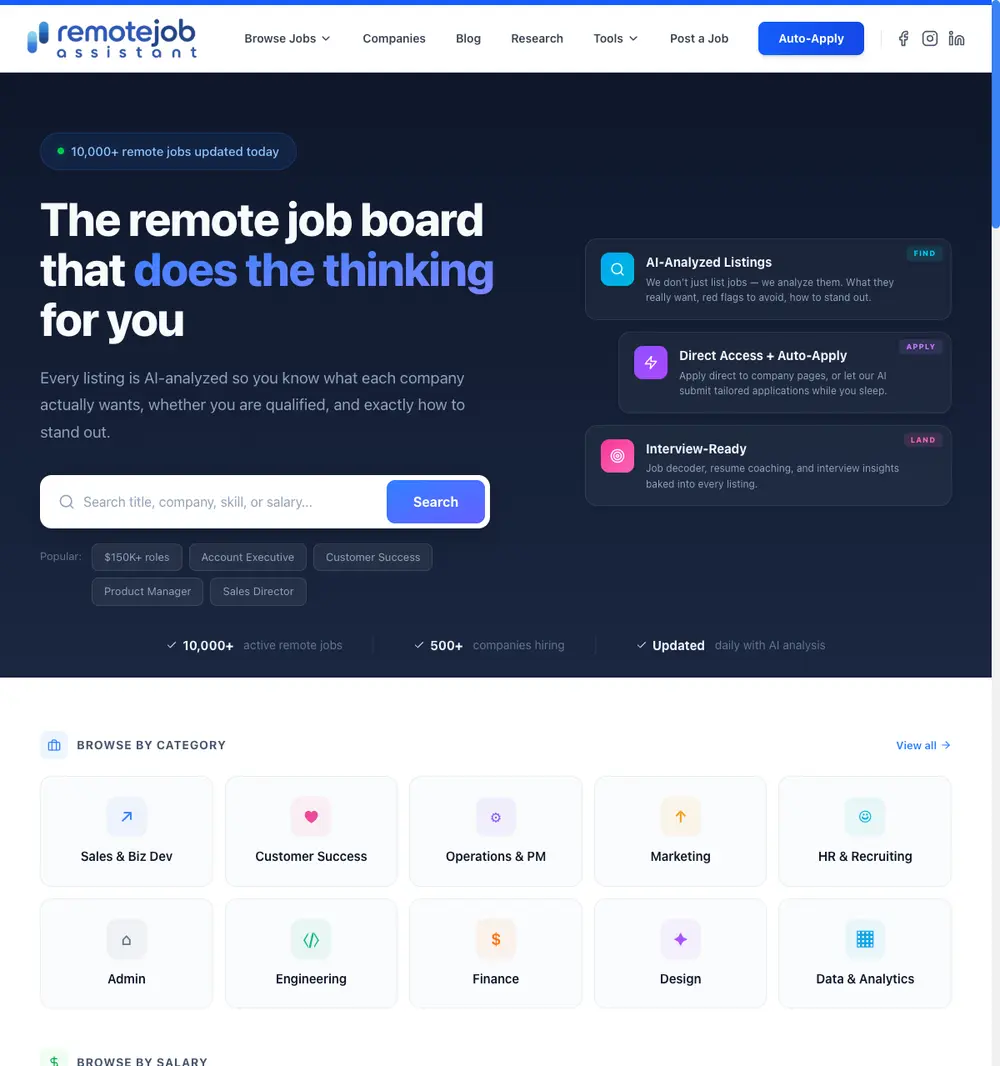 Remote Job Assistant job board platform screenshot showing job search interface