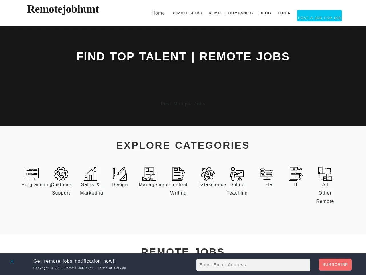 RemoteJobHunt job board platform screenshot showing job search interface