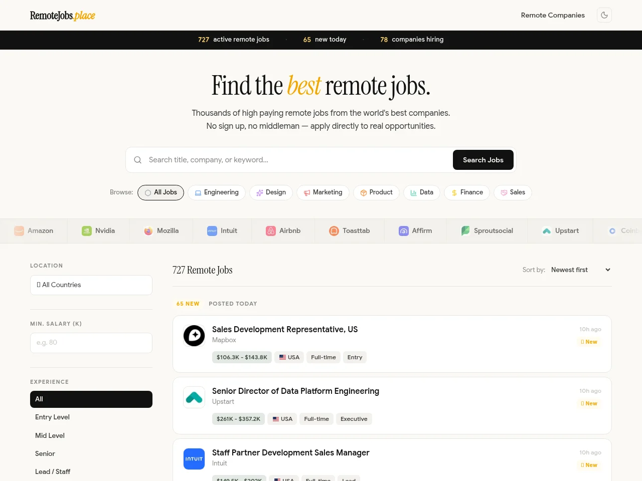 RemoteJobs.place job board platform screenshot showing job search interface