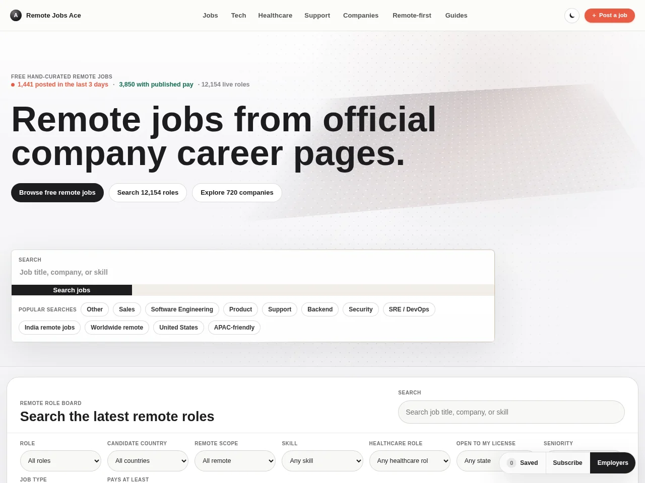 Remote Jobs Ace job board platform screenshot showing job search interface