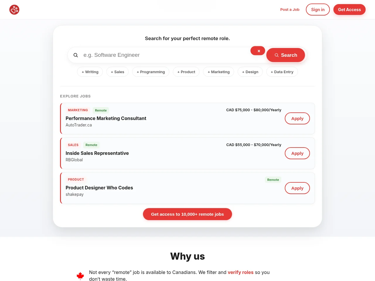 Remote Jobs Canada screenshot Remote Jobs Canada job board platform screenshot showing job search interface