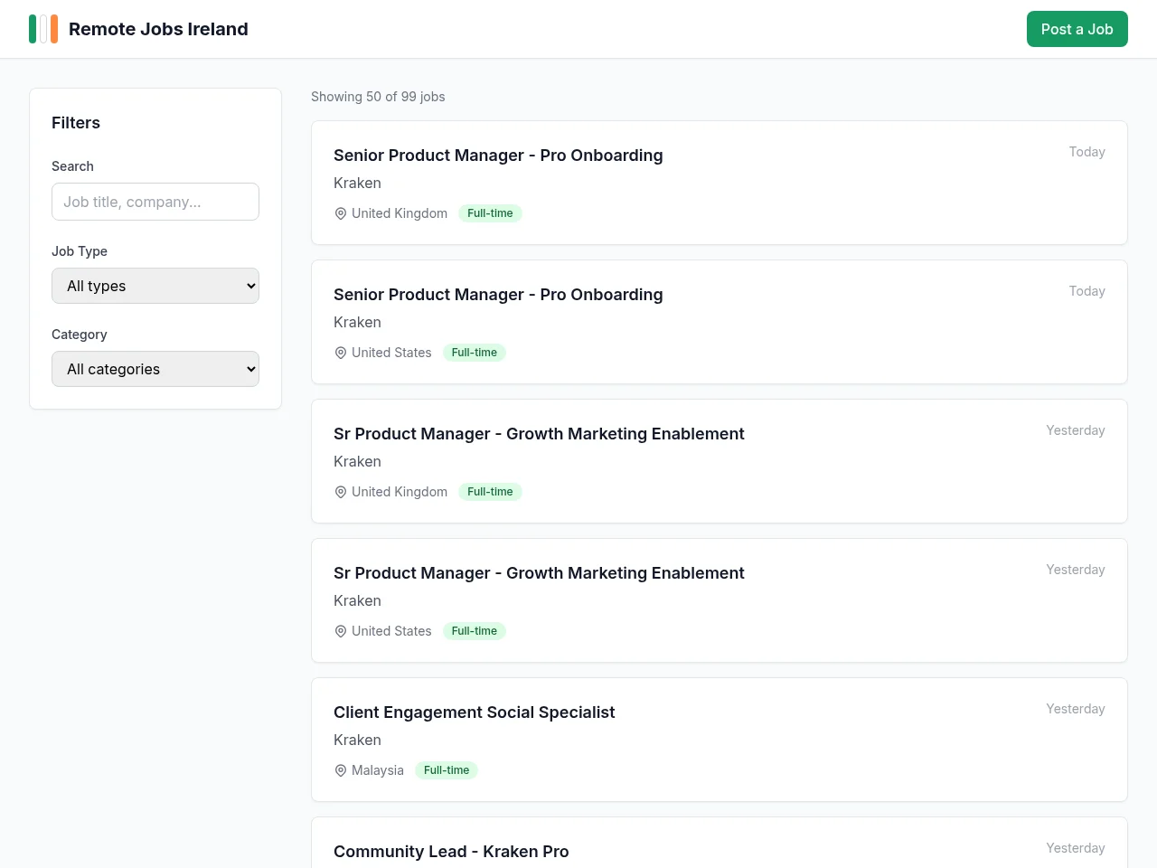 Remote Jobs Ireland screenshot Remote Jobs Ireland job board platform screenshot showing job search interface