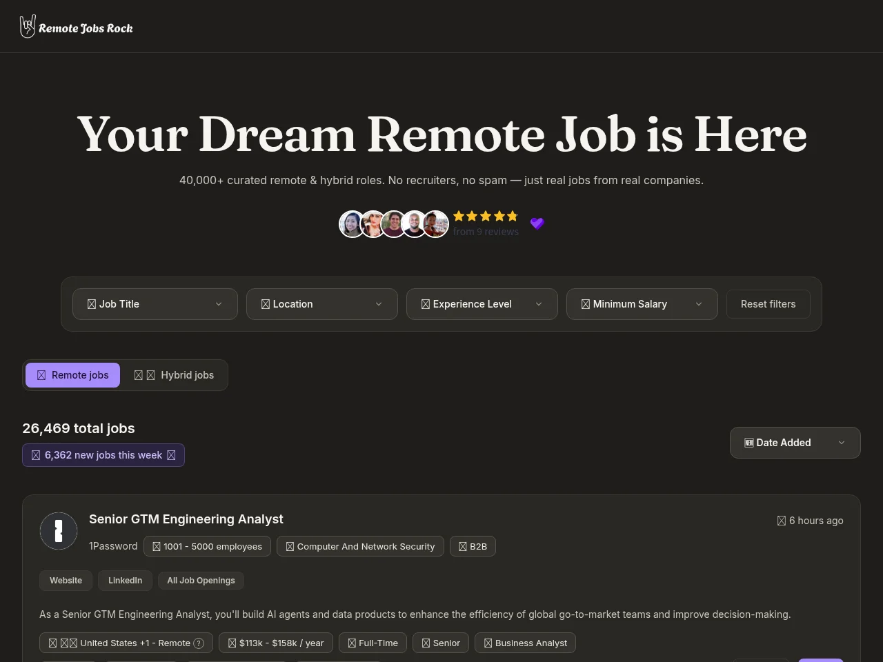 Remote Jobs Rock job board platform screenshot showing job search interface