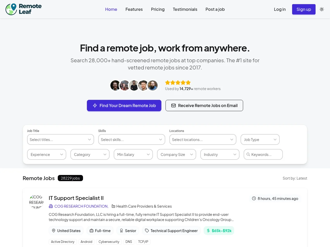 RemoteLeaf job board platform screenshot showing job search interface