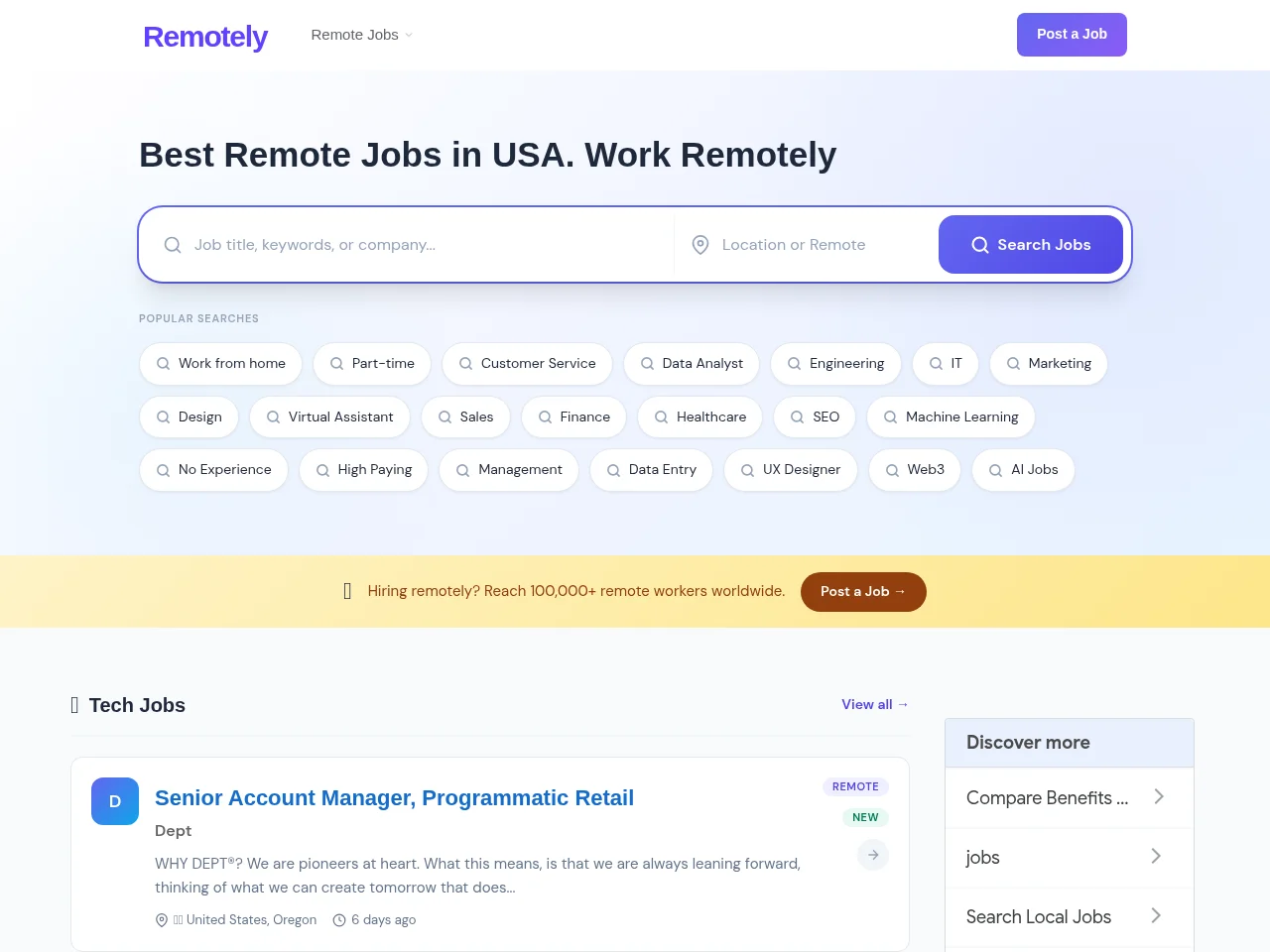 Remotely.jobs job board platform screenshot showing job search interface