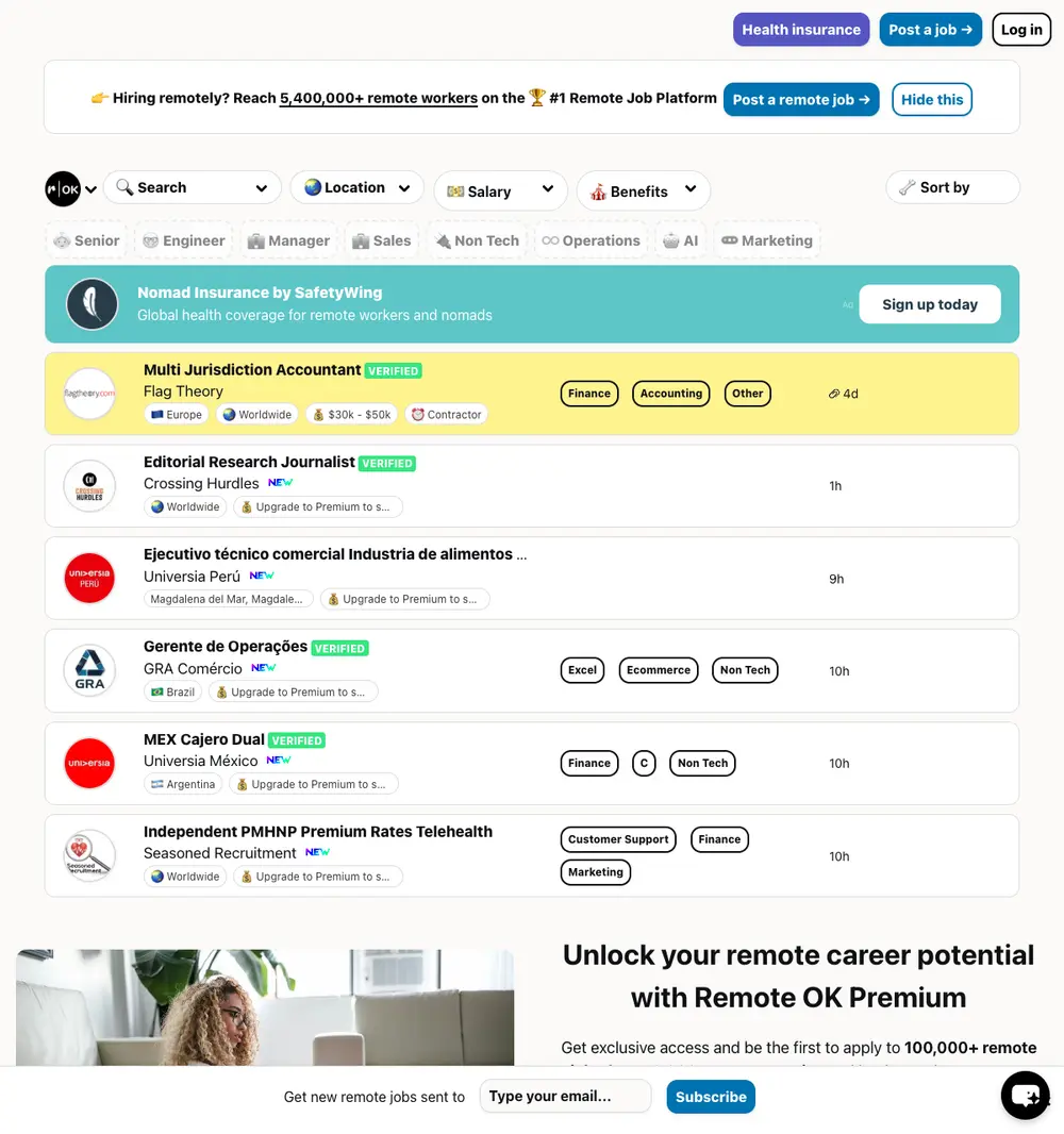 Remote OK job board platform screenshot showing job search interface