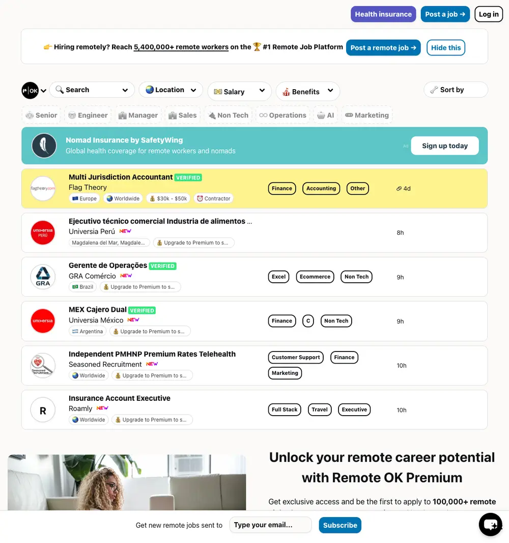 Remote OK job board platform screenshot showing job search interface