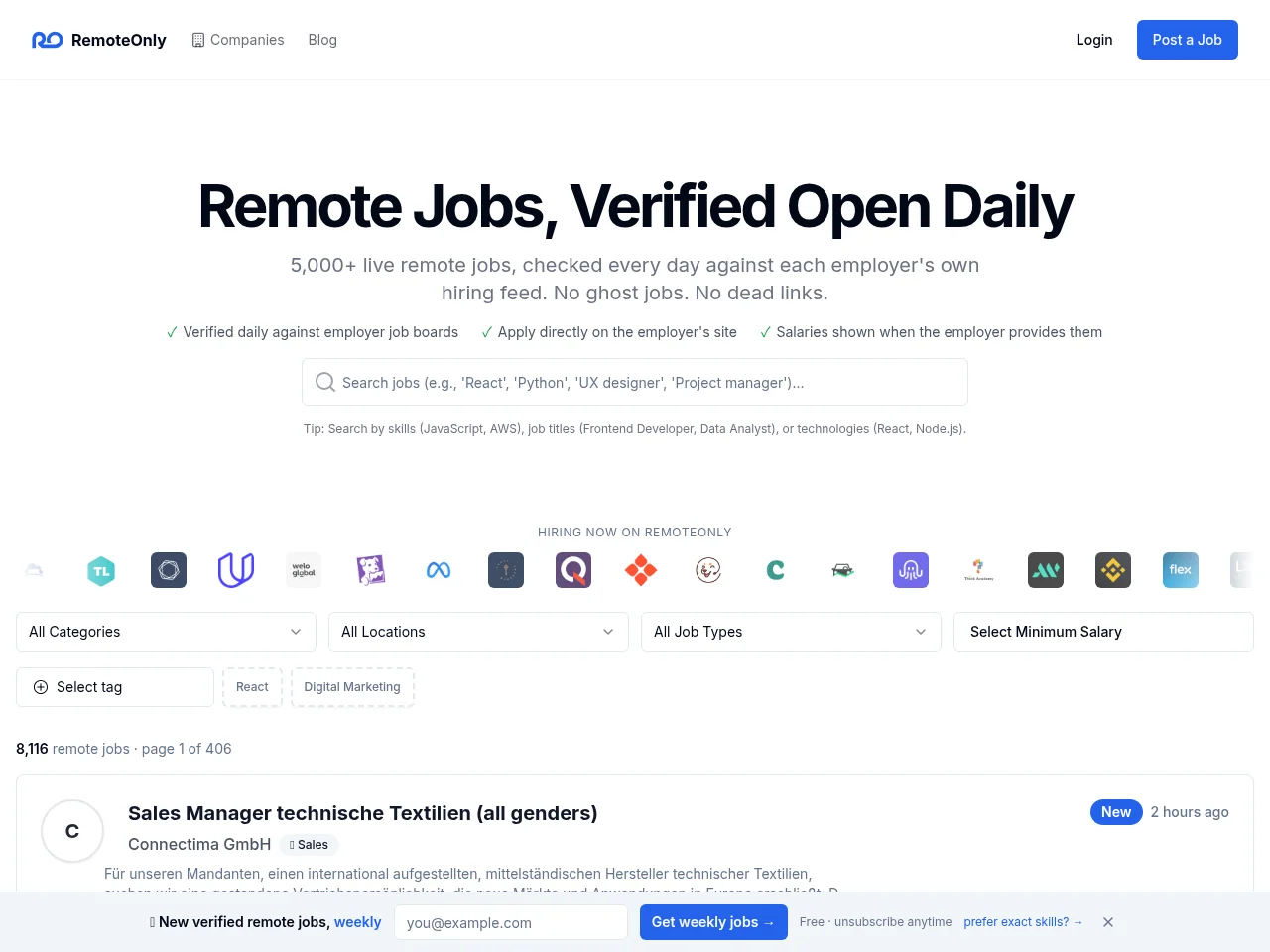 RemoteOnly job board platform screenshot showing job search interface