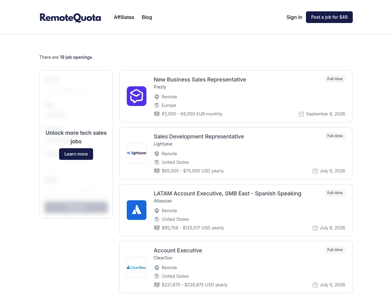 RemoteQuota job board platform screenshot showing job search interface