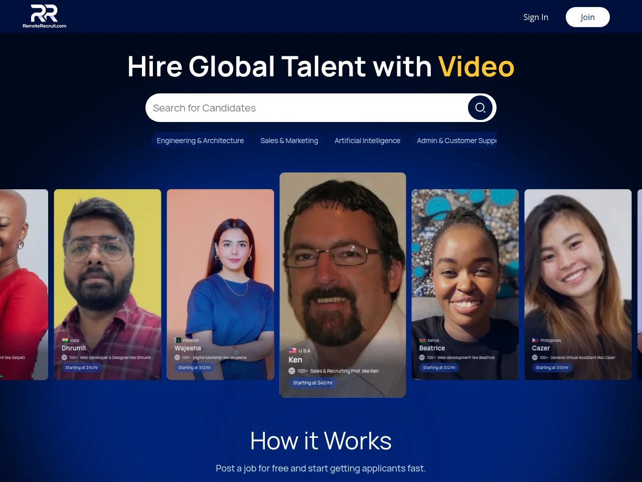 Remote Recruit job board platform screenshot showing job search interface