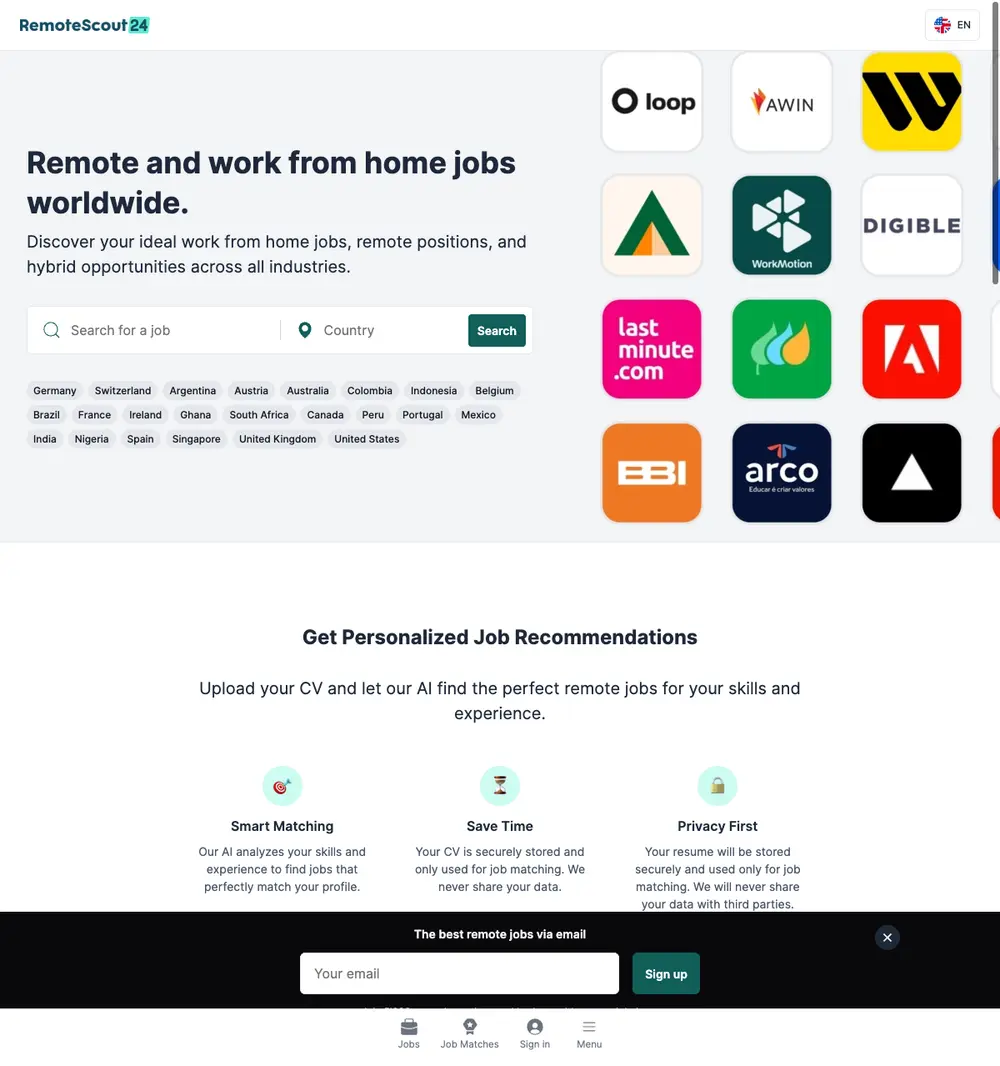 RemoteScout24 job board platform screenshot showing job search interface
