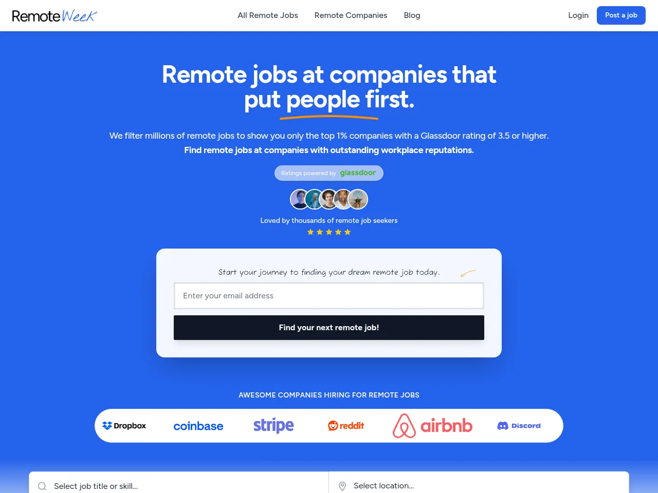 RemoteWeek job board platform screenshot showing job search interface