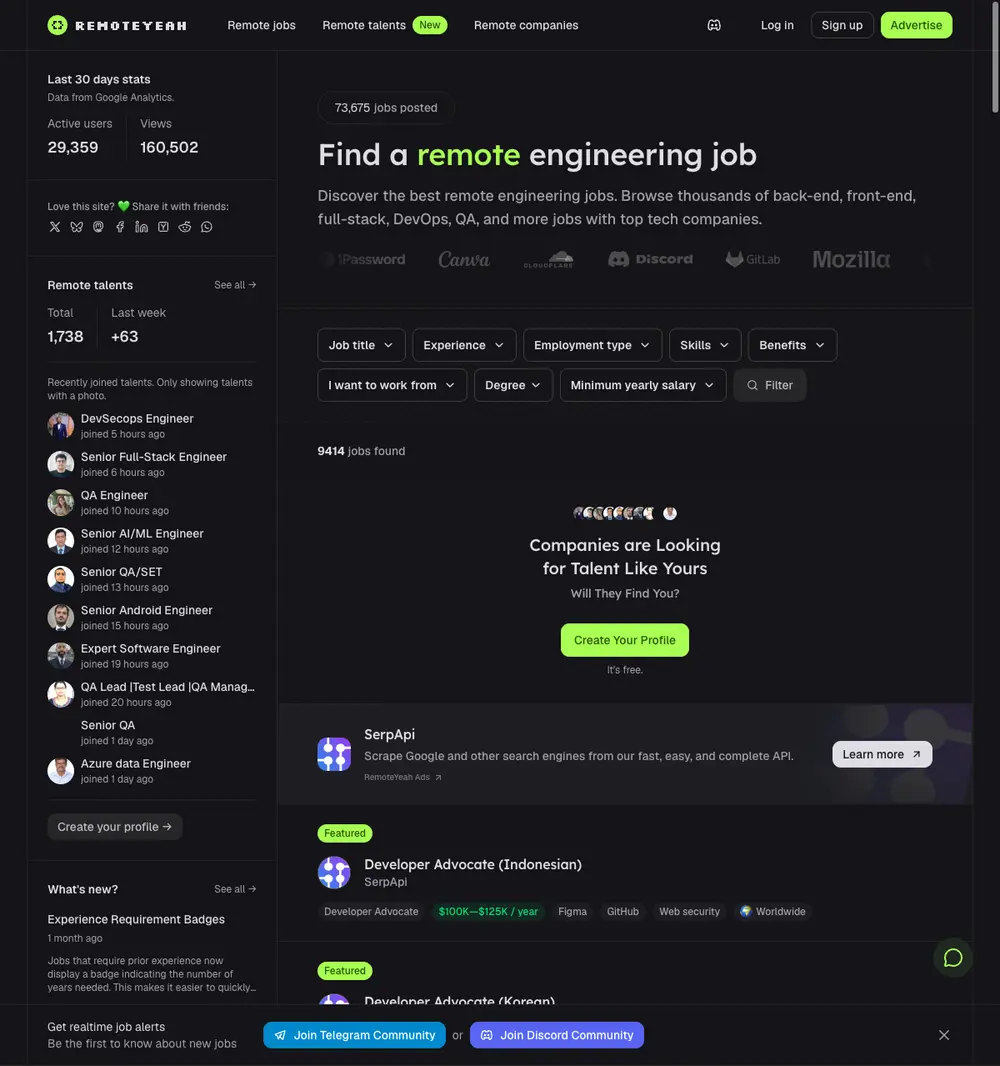 RemoteYeah job board platform screenshot showing job search interface
