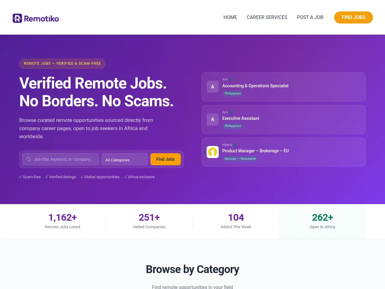 Remotiko screenshot Remotiko job board platform screenshot showing job search interface