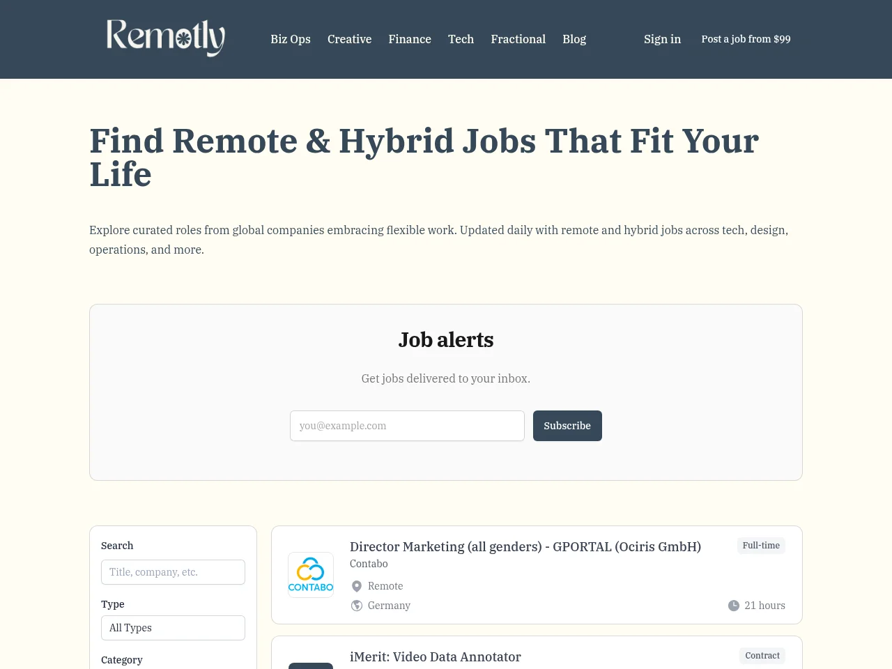 Remotly job board platform screenshot showing job search interface