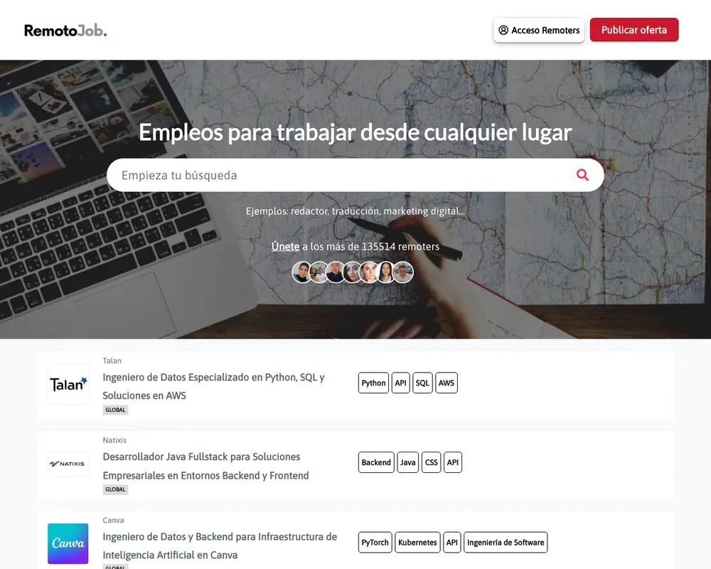 RemotoJOB job board platform screenshot showing job search interface