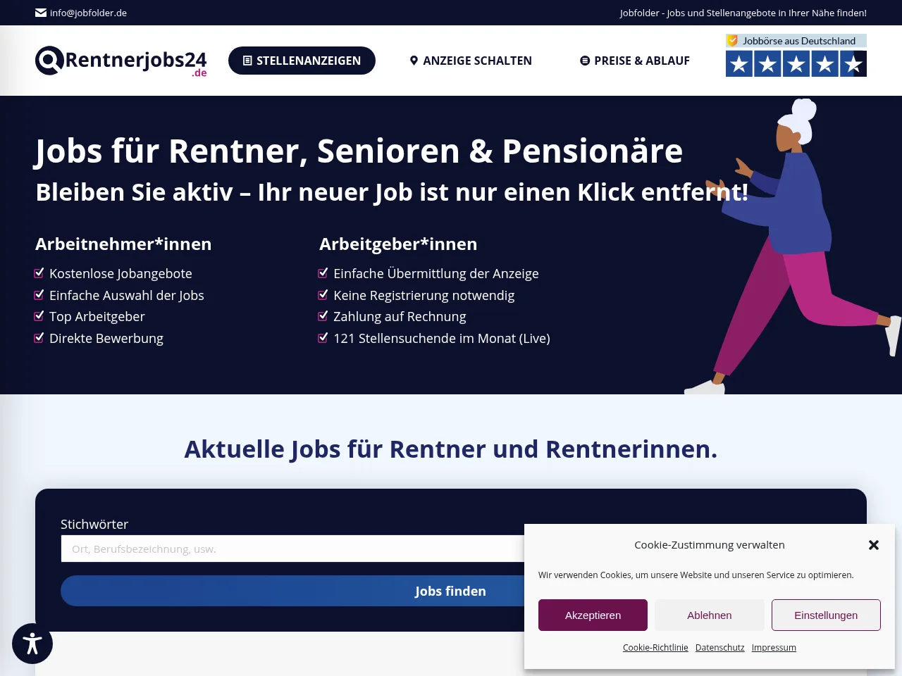 Rentnerjobs24 job board platform screenshot showing job search interface