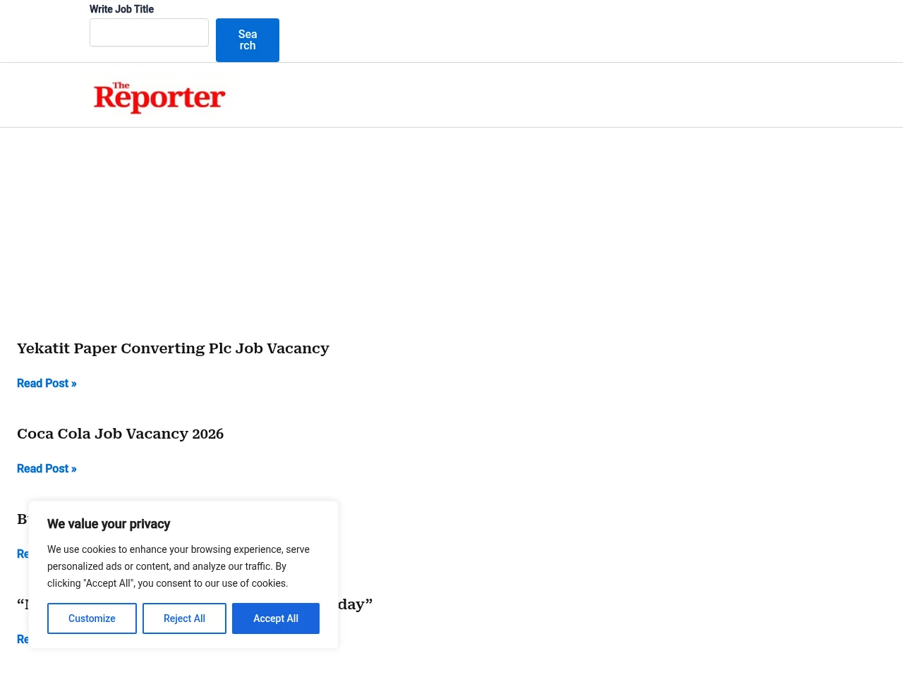 Reporter Vacancy job board platform screenshot showing job search interface