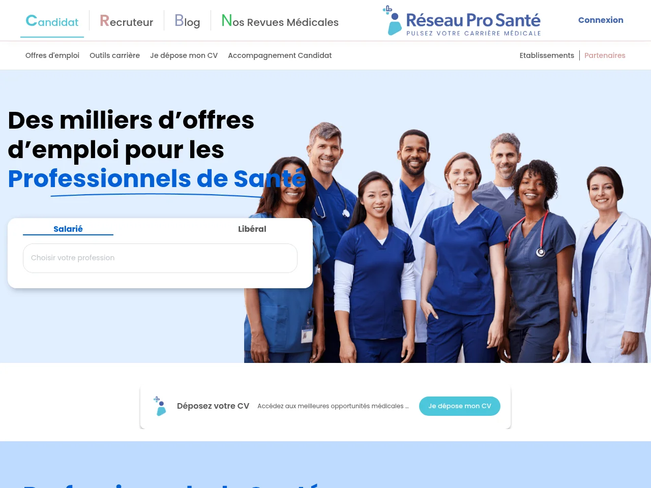 Réseau Pro Santé job board platform screenshot showing job search interface