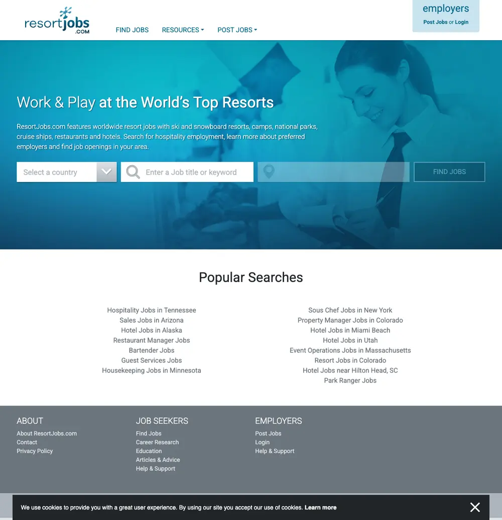 ResortJobs.com job board platform screenshot showing job search interface