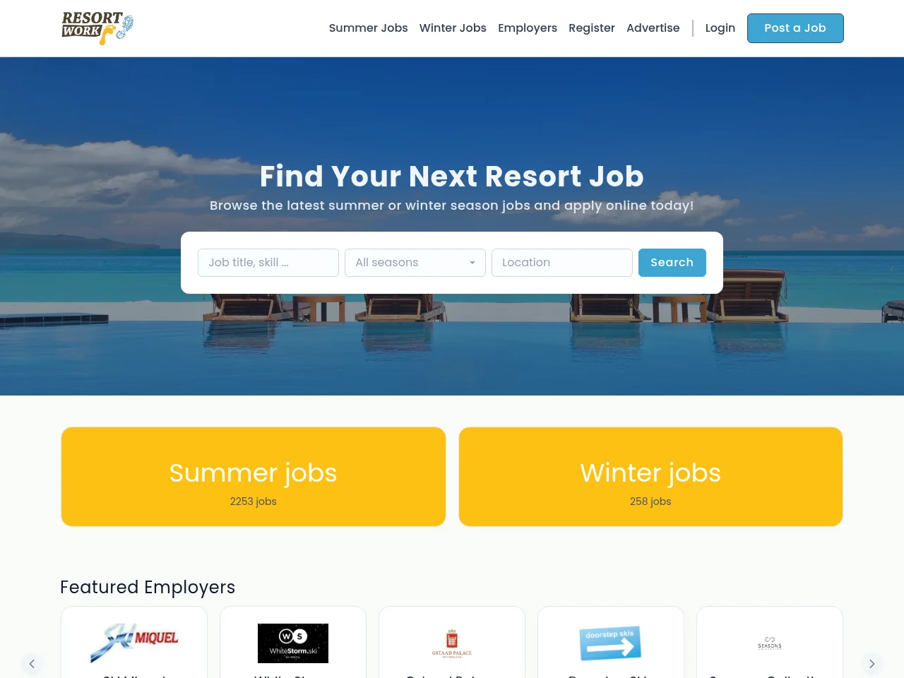 ResortWork.co job board platform screenshot showing job search interface