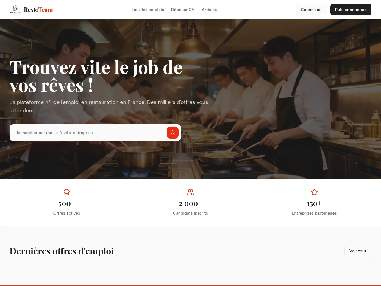 RestoTeam job board platform screenshot showing job search interface