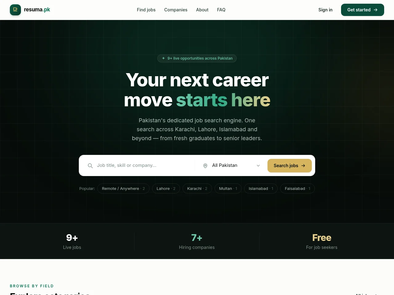 Resuma.pk job board platform screenshot showing job search interface
