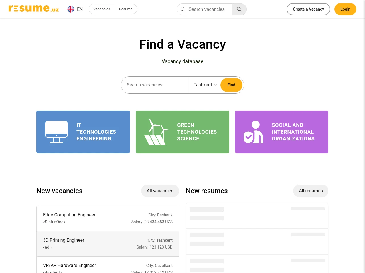 RESUME.UZ screenshot RESUME.UZ job board platform screenshot showing job search interface