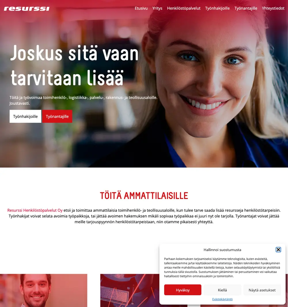 Resurssi Henkilöstöpalvelut job board platform screenshot showing job search interface