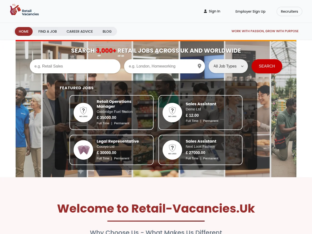 Retail Vacancies UK screenshot Retail Vacancies UK job board platform screenshot showing job search interface