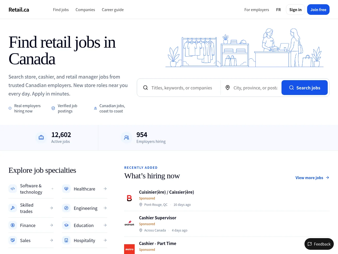 Retail.ca job board platform screenshot showing job search interface