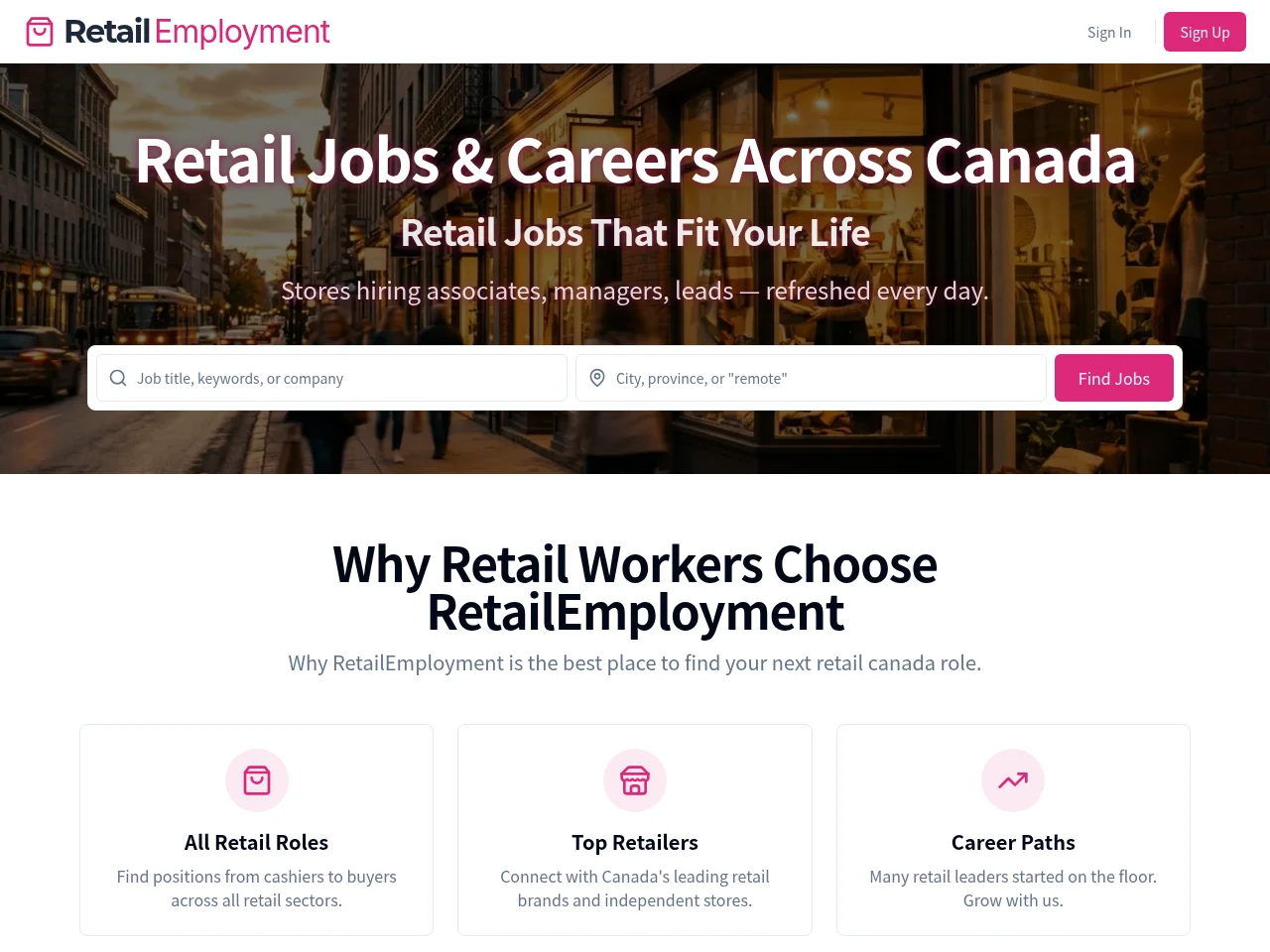 RetailEmployment.ca job board platform screenshot showing job search interface