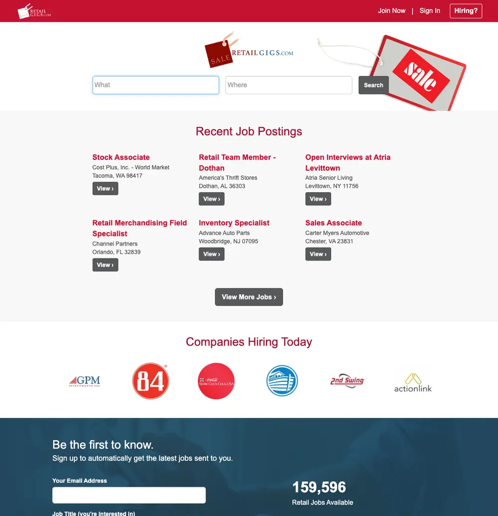 RetailGigs job board platform screenshot showing job search interface