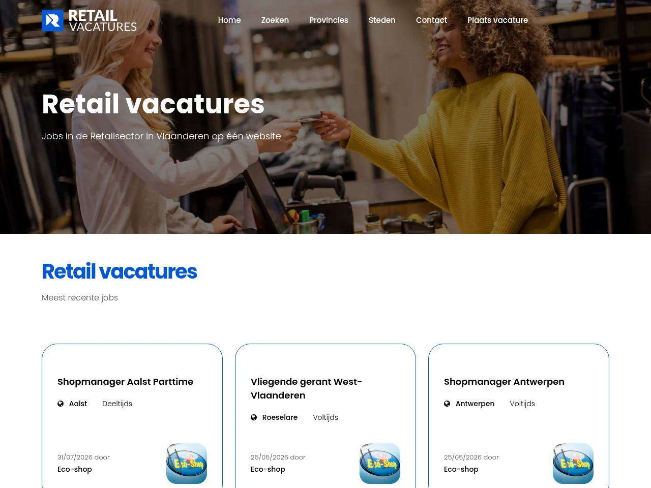 Retailvacatures.be job board platform screenshot showing job search interface