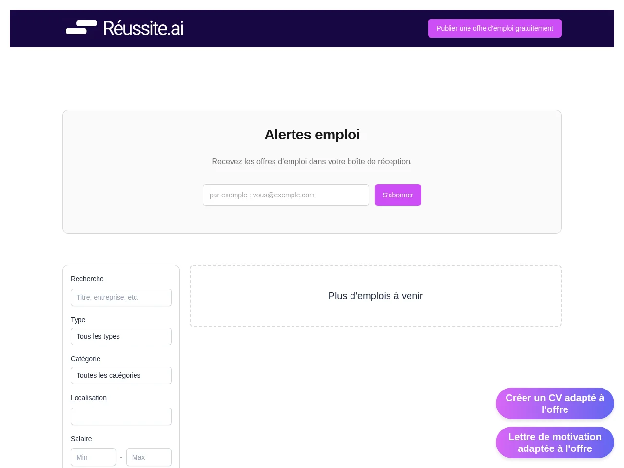 Réussite.ai job board platform screenshot showing job search interface