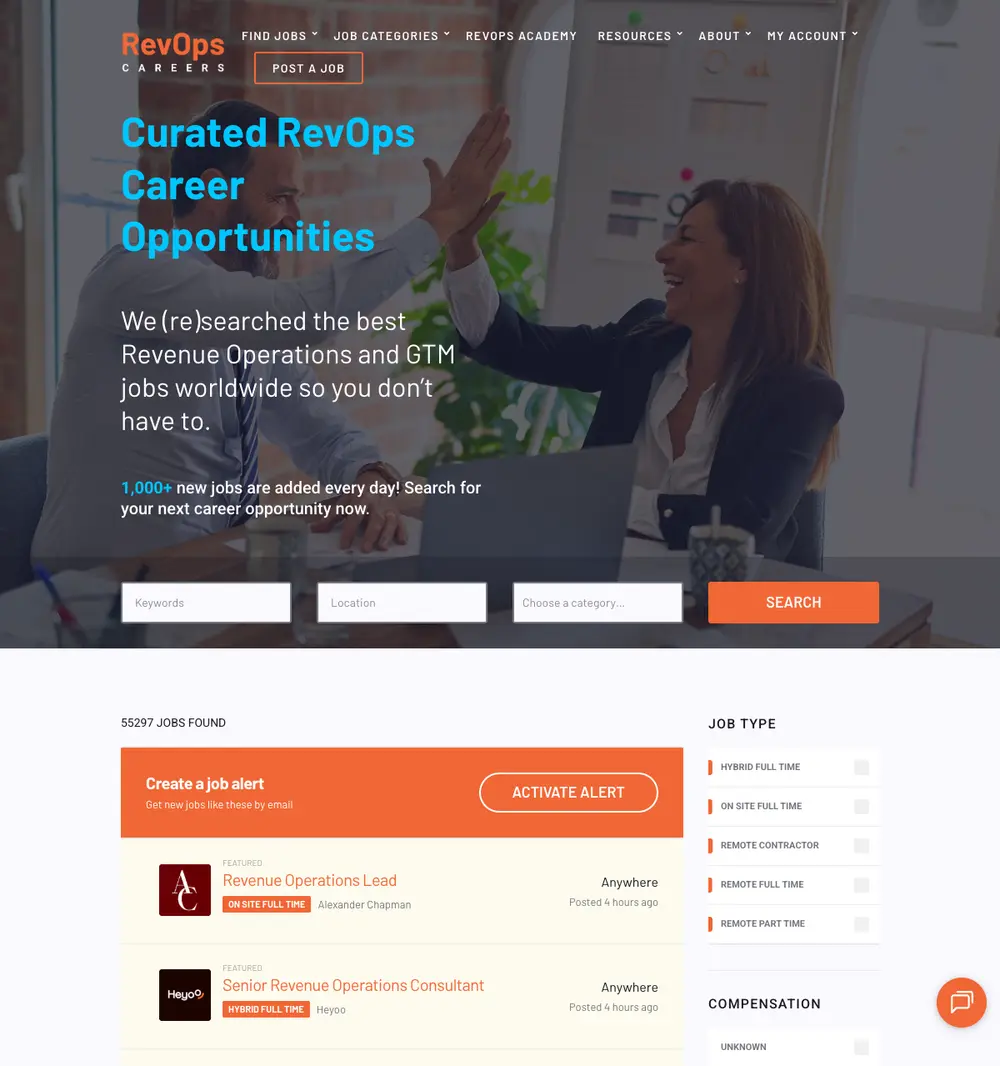 RevOps Careers job board platform screenshot showing job search interface