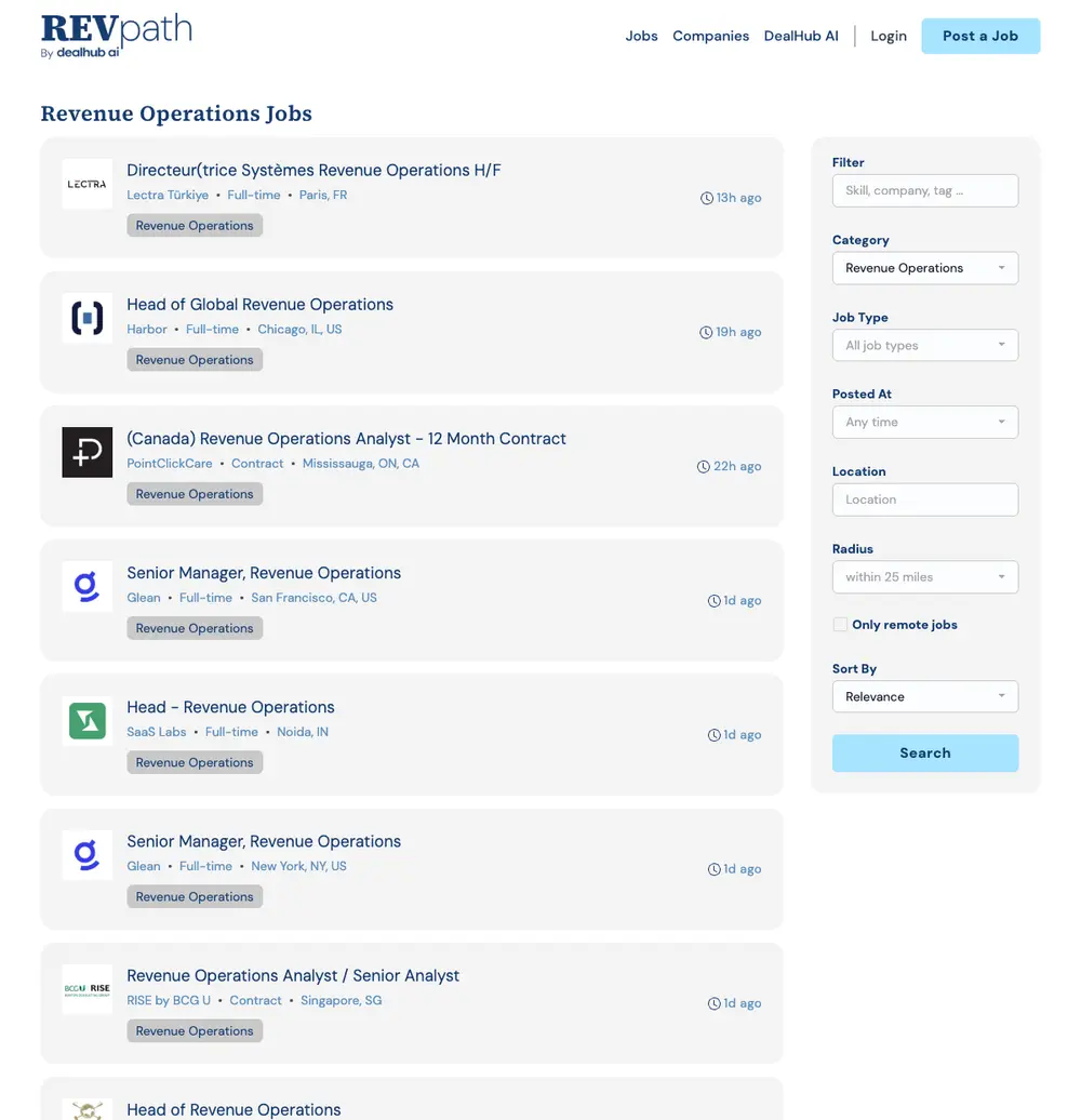 RevPath job board platform screenshot showing job search interface