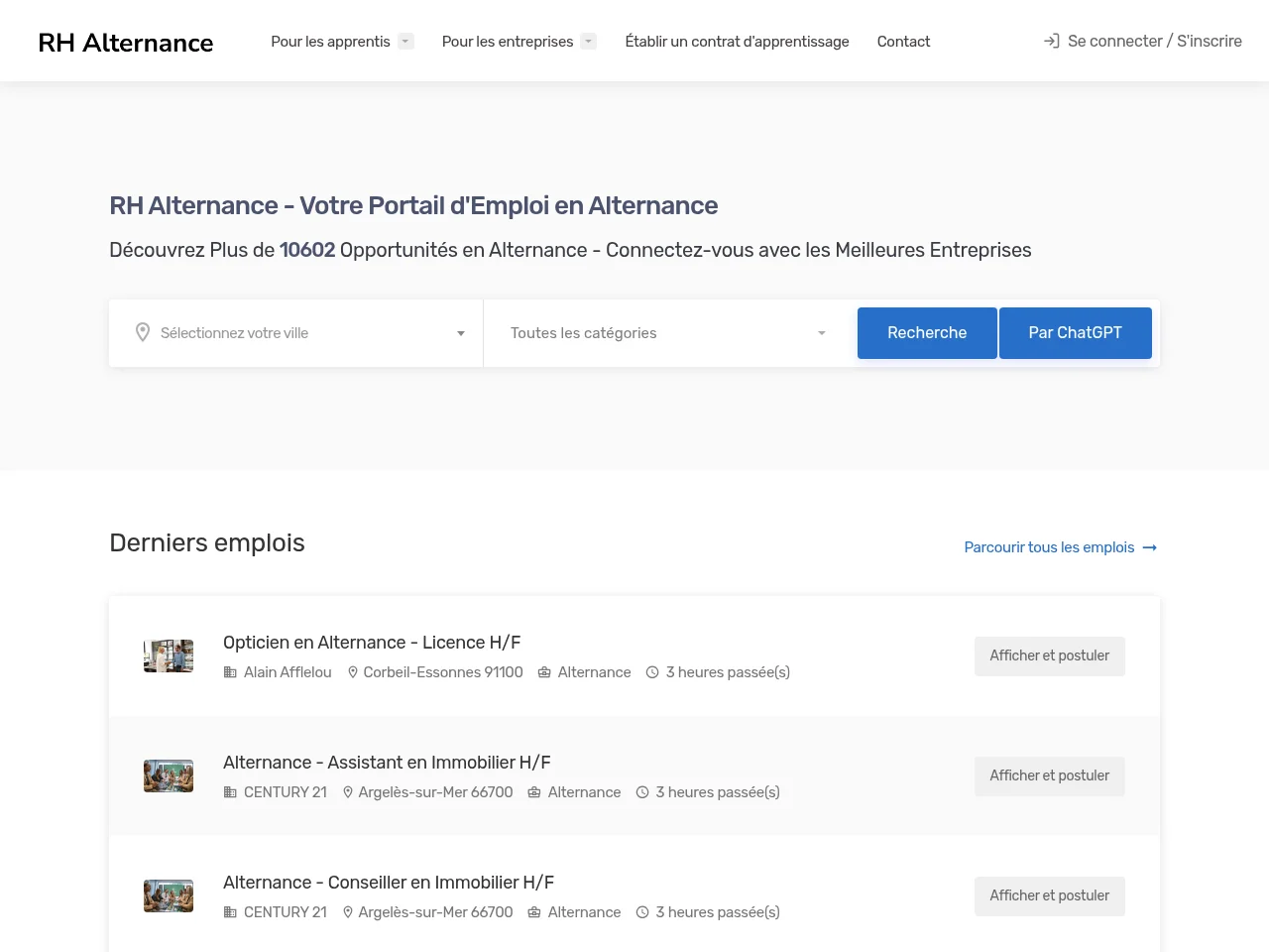 RH Alternance job board platform screenshot showing job search interface